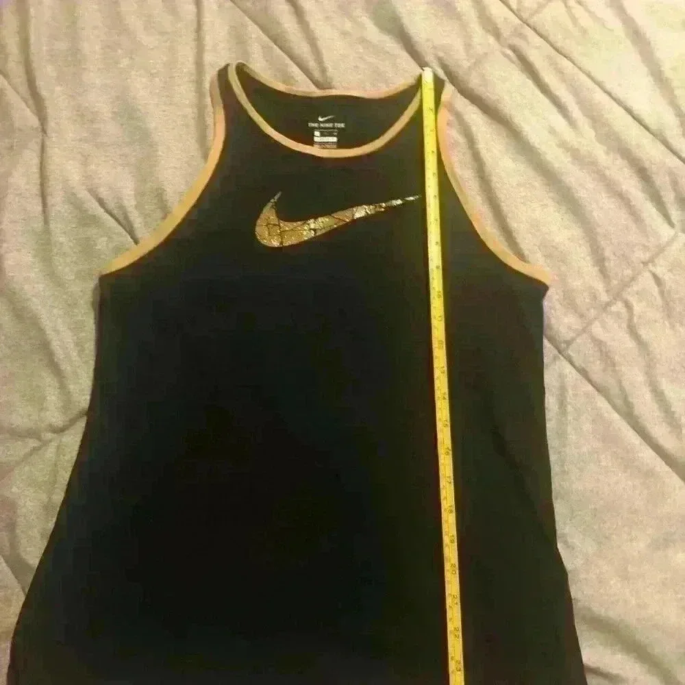 Nike Dri-FIT Womens Tank Top Black Gold Metallic‎ Swoosh High Neck Racerback S
